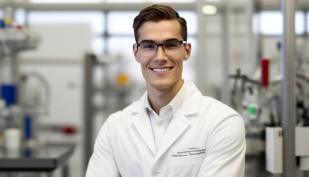 un hermoso joven científico sonriente frente a un fondo de laboratorio blanco y borroso