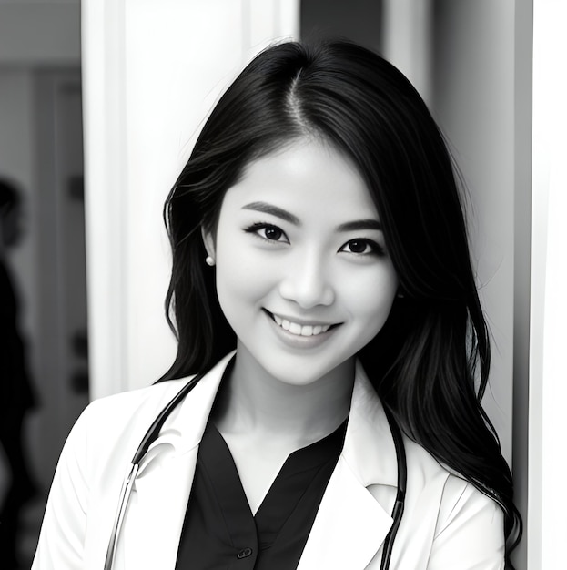 Hermoso joven médico asiático sonriendo y mirando a la cámara en blanco y negro