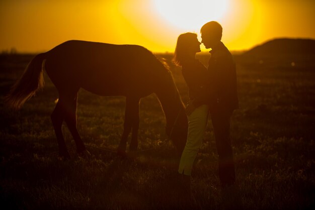 Foto hermoso, joven, y, mujer estar de pie, en, el, caballo