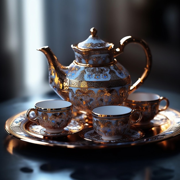 Hermoso juego de té y café de porcelana de estilo art deco, imágenes de platillos, arte generado por IA
