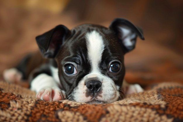 Foto hermoso y juguetón cachorro de boston terrier una mascota divertida y atenciosa tanto en la felicidad como en la tristeza