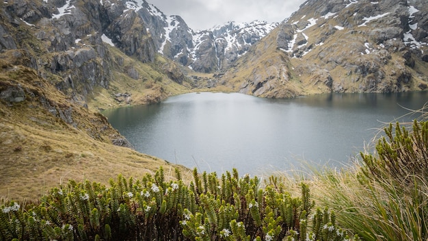 Hermoso lago alpino rodeado por el macizo rocoso routeburn tnew zealand