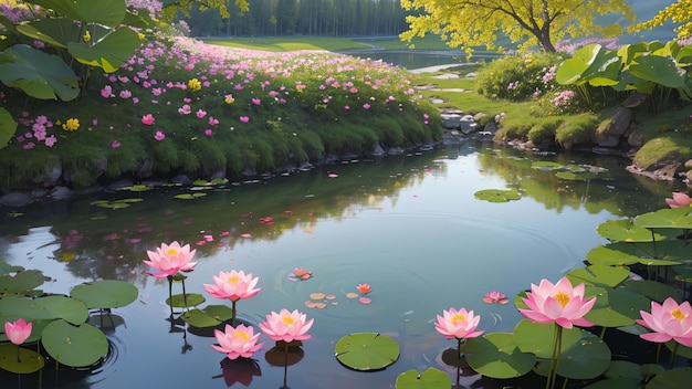 Hermoso lago de loto con relajante escena natural para fondo de escritorio