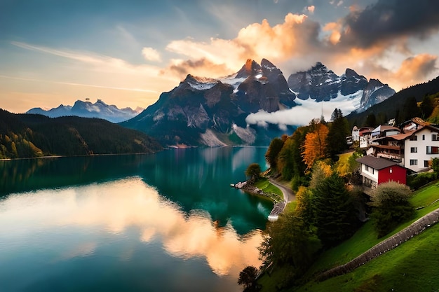 Foto un hermoso lago de montaña con un lago en primer plano.