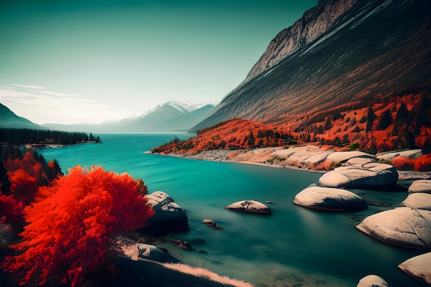 Foto hermoso lago de montaña en otoño bosque otoño árboles bonitos lago lado playa agua montañas reflexión paisaje, fondo de pantalla hd