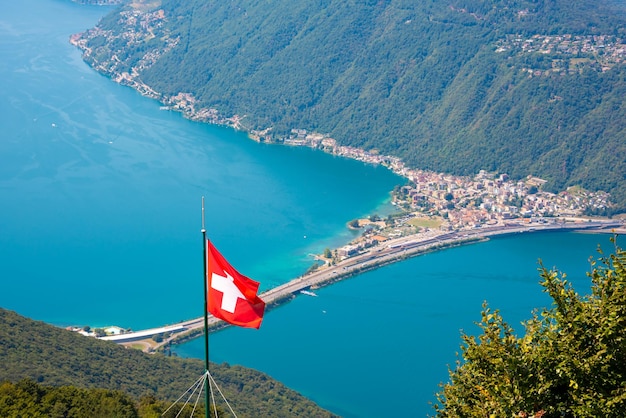 Hermoso lago de montaña con un puente en Suiza