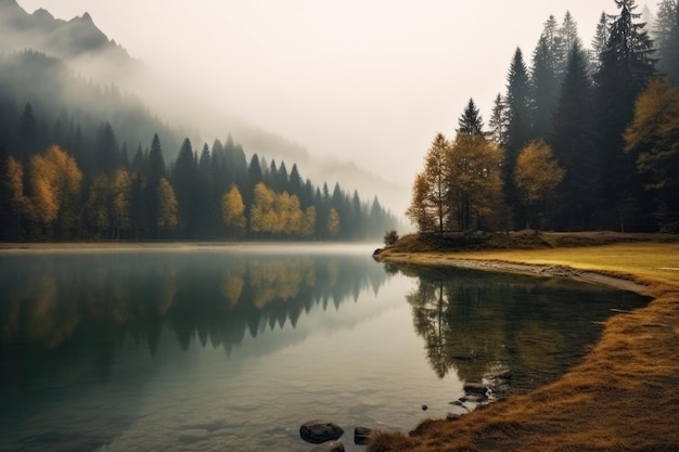 Hermoso lago natural de montaña otoñal con niebla IA generativa