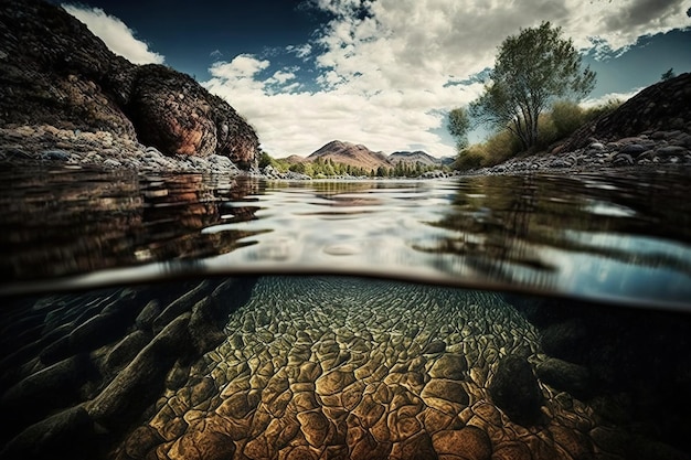 Hermoso lago, río, agua limpia, vista dentro de piedras, cielo despejado, paisaje de fondo