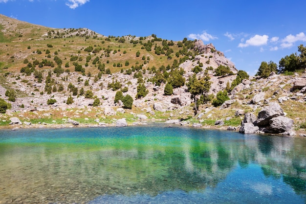 Hermoso lago sereno en las montañas Fanns (rama del Pamir) en Tayikistán.