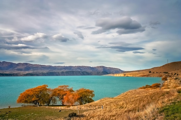 Hermoso lago Torquise en otoño en Nueva Zelanda