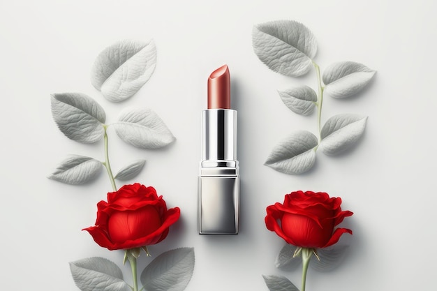 Hermoso lápiz labial rojo en tubo de plata y flores color de rosa sobre fondo blanco IA generativa