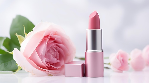 hermoso lápiz labial con rosa sobre fondo de mármol blanco