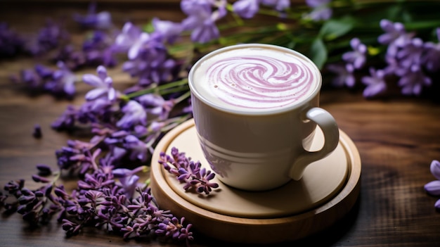 Un hermoso latte de vainilla y lavanda en una mesa de madera