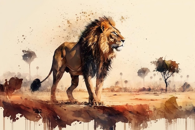 Hermoso león en la naturaleza depredador y vida animal ilustración África acuarela Generativo ai