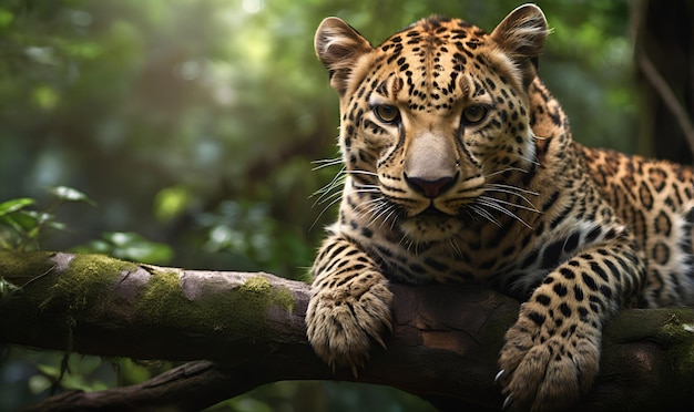 Hermoso leopardo tendido en una rama de árbol