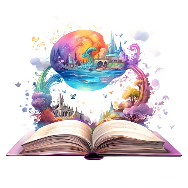 hermoso libro abierto con una burbuja de pensamiento de un mundo de fantasía clipart acuarela