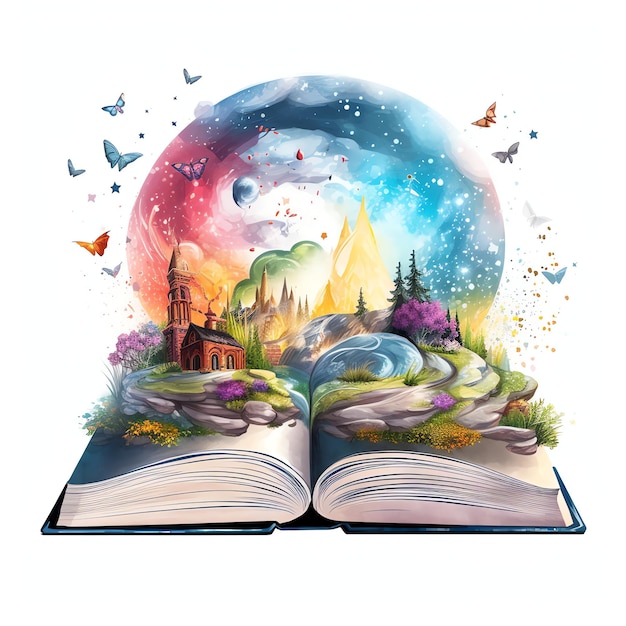 hermoso libro abierto con una burbuja de pensamiento de un mundo de fantasía clipart acuarela