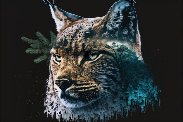 Hermoso lince de diseño moderno con fondo de naturaleza de doble exposición