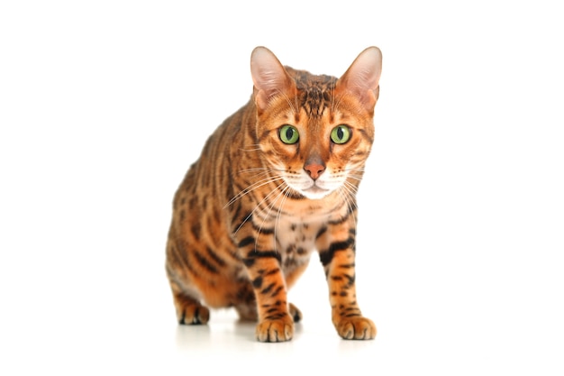 Hermoso lindo gato de Bengala con rayas rojas sobre fondo blanco