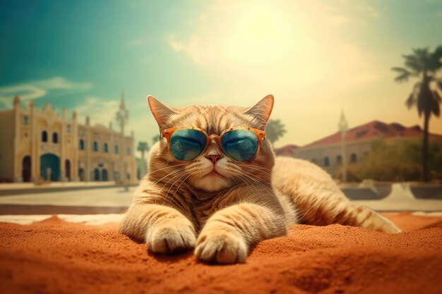 Hermoso lindo gato divertido con gafas de sol en una playa de arena primer plano extremo IA generativa