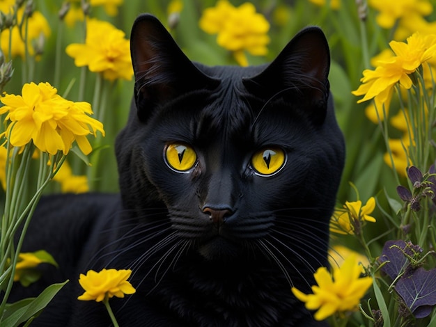 Hermoso lindo retrato de gato negro de bombay con ojos amarillos tumbados en el jardín flores blancas rosadas margaritas i