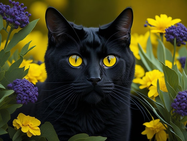 Hermoso lindo retrato de gato negro de bombay con ojos amarillos tumbados en el jardín flores blancas rosadas margaritas i