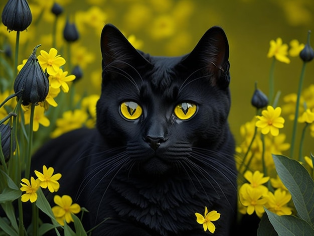 Hermoso lindo retrato de gato negro de bombay con ojos amarillos tumbados en el jardín flores blancas rosadas margaritas i