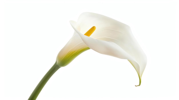 Un hermoso lirio blanco aislado sobre un fondo blanco La flor está en plena floración y tiene un estambre amarillo brillante El tallo es largo y verde