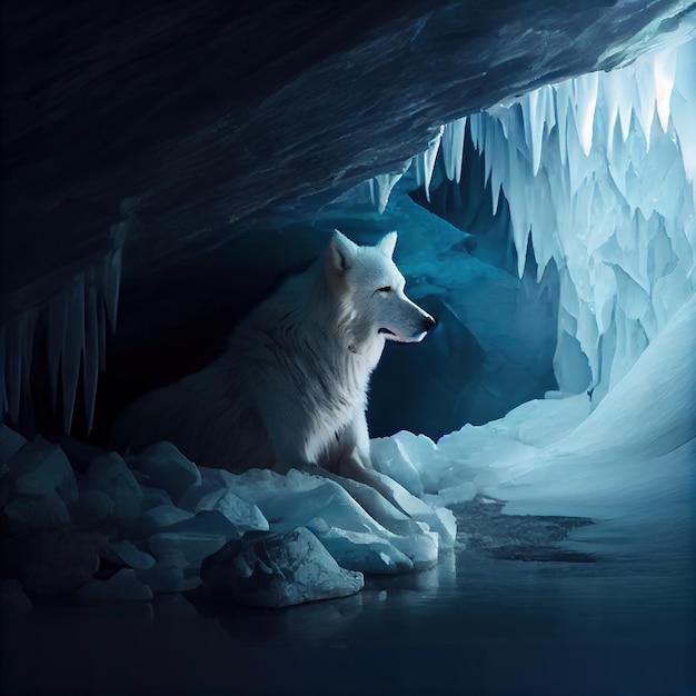 Un hermoso lobo blanco en una cueva de hielo