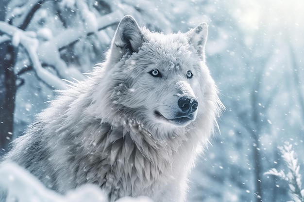 Hermoso lobo blanco salvaje en invierno