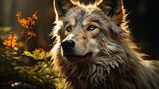 El hermoso lobo en el estilo dorado del bosque