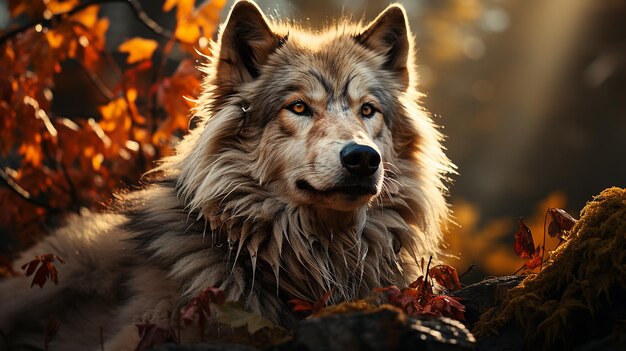 El hermoso lobo en el estilo dorado del bosque