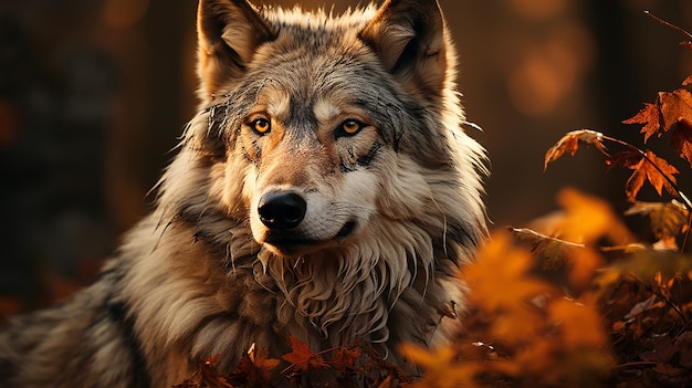 El hermoso lobo en el estilo dorado del bosque