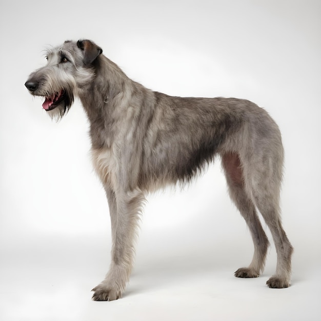 El hermoso lobo irlandés es una raza de perro de fondo blanco.