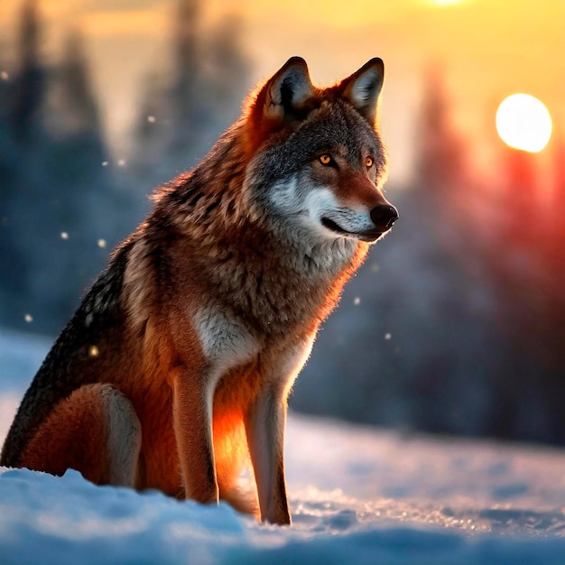 Hermoso lobo sentado en la nieve viendo la puesta de sol