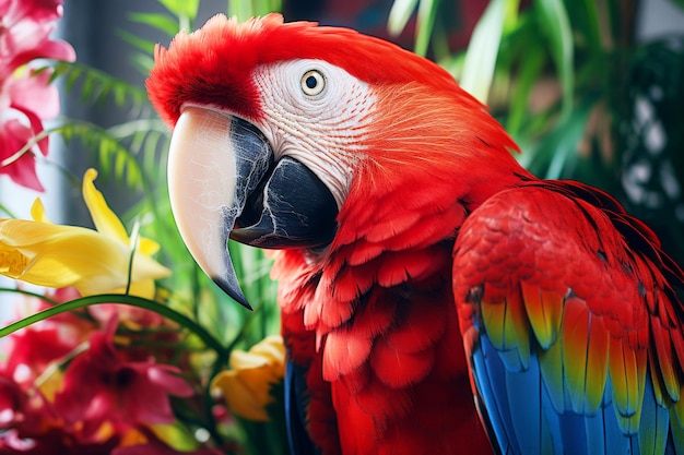 El hermoso loro guacamayo rojo en el fondo de las flores tropicales