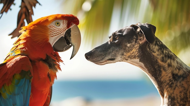 Foto un hermoso loro y un perro curioso están haciendo un concurso de miradas