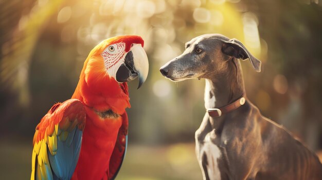 Un hermoso loro y un perro curioso se están mirando fijamente en un entorno de selva verde exuberante