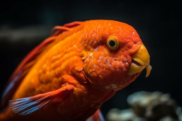 Hermoso loro rojo anaranjado brillante cerca de cíclidos en un acuario