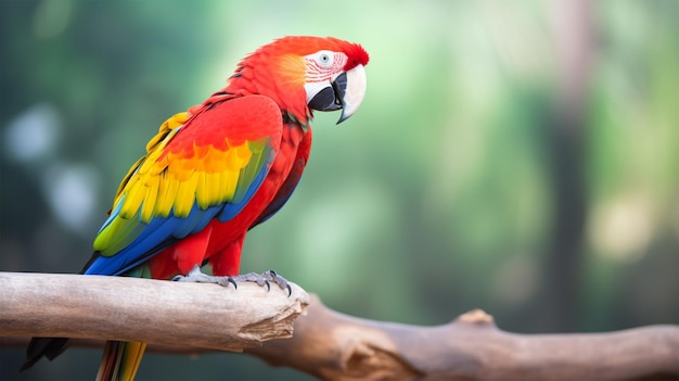 Hermoso loro sentado en una rama y selva borrosa en el fondo Día Mundial del Loro