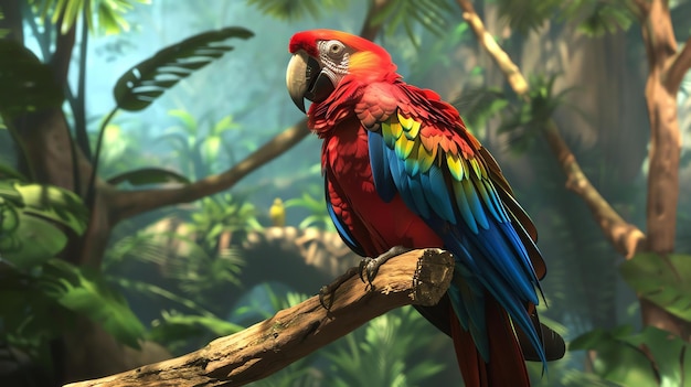 Foto un hermoso loro se sienta en una rama en la jungla el loro tiene plumas rojas, azules y amarillas la jungla es verde y exuberante