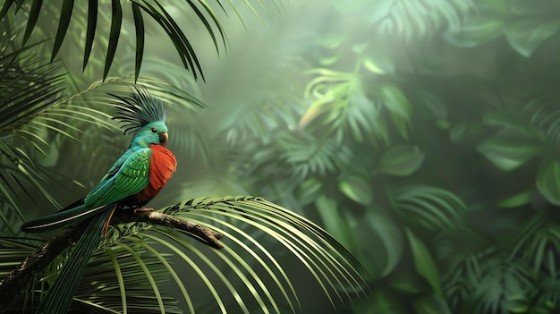 Un hermoso loro verde se sienta en una rama en la exuberante selva verde el loro tiene plumas rojas y azules brillantes en la cabeza y un largo pico puntiagudo