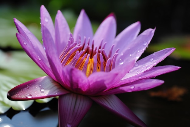 Hermoso loto morado con gotas de agua en los pétalos