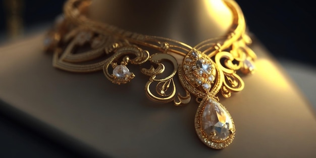 hermoso y lujoso collar de oro en el cuello del soporte de joyería