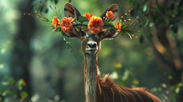 Foto un hermoso y majestuoso antílope kudu está de pie en el bosque con una corona de flores de naranja en la cabeza