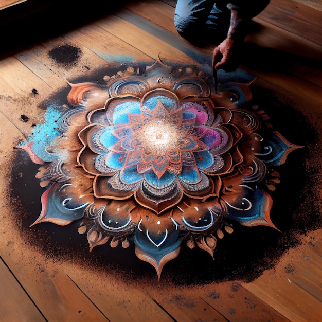 Hermoso mandala de arena sobre suelo de madera mandala en polvo