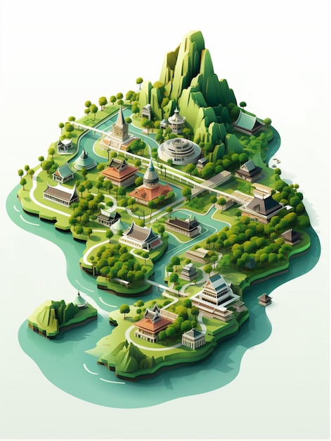 Hermoso mapa 3d Paisaje urbano arquitectura asiática y paisaje natural