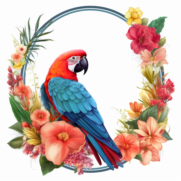 Hermoso marco de borde de flores redondas con imagen de pájaro loro Arte generado por AI