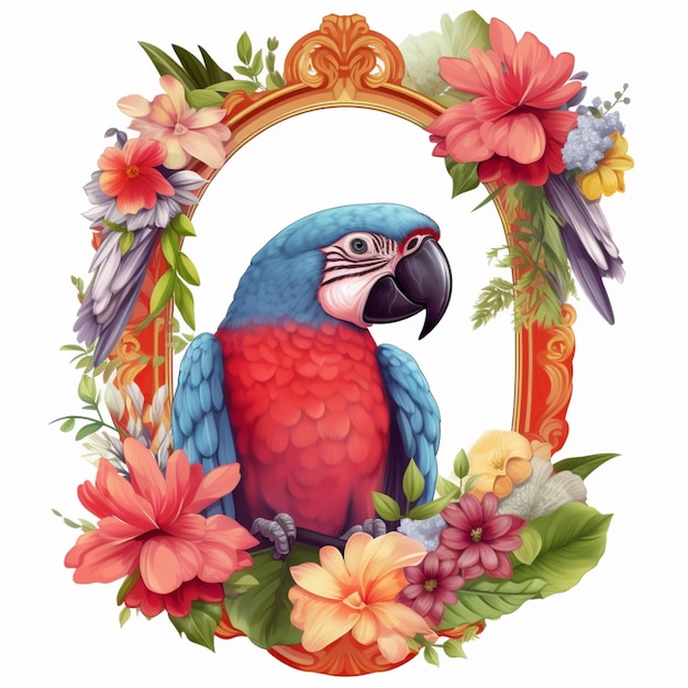 Hermoso marco de borde de flores redondas con imagen de pájaro loro Arte generado por AI