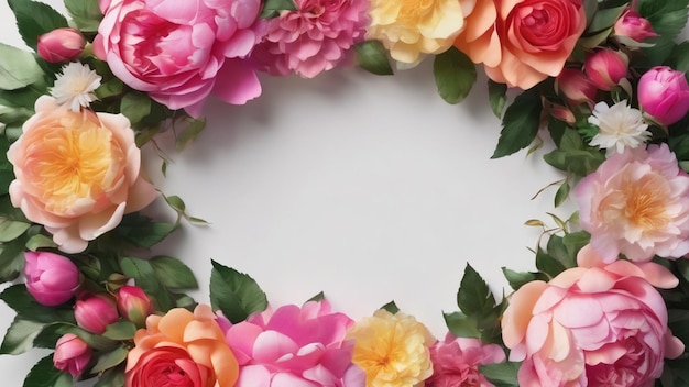 Foto hermoso marco de borde hecho de flores de rosa y peonía